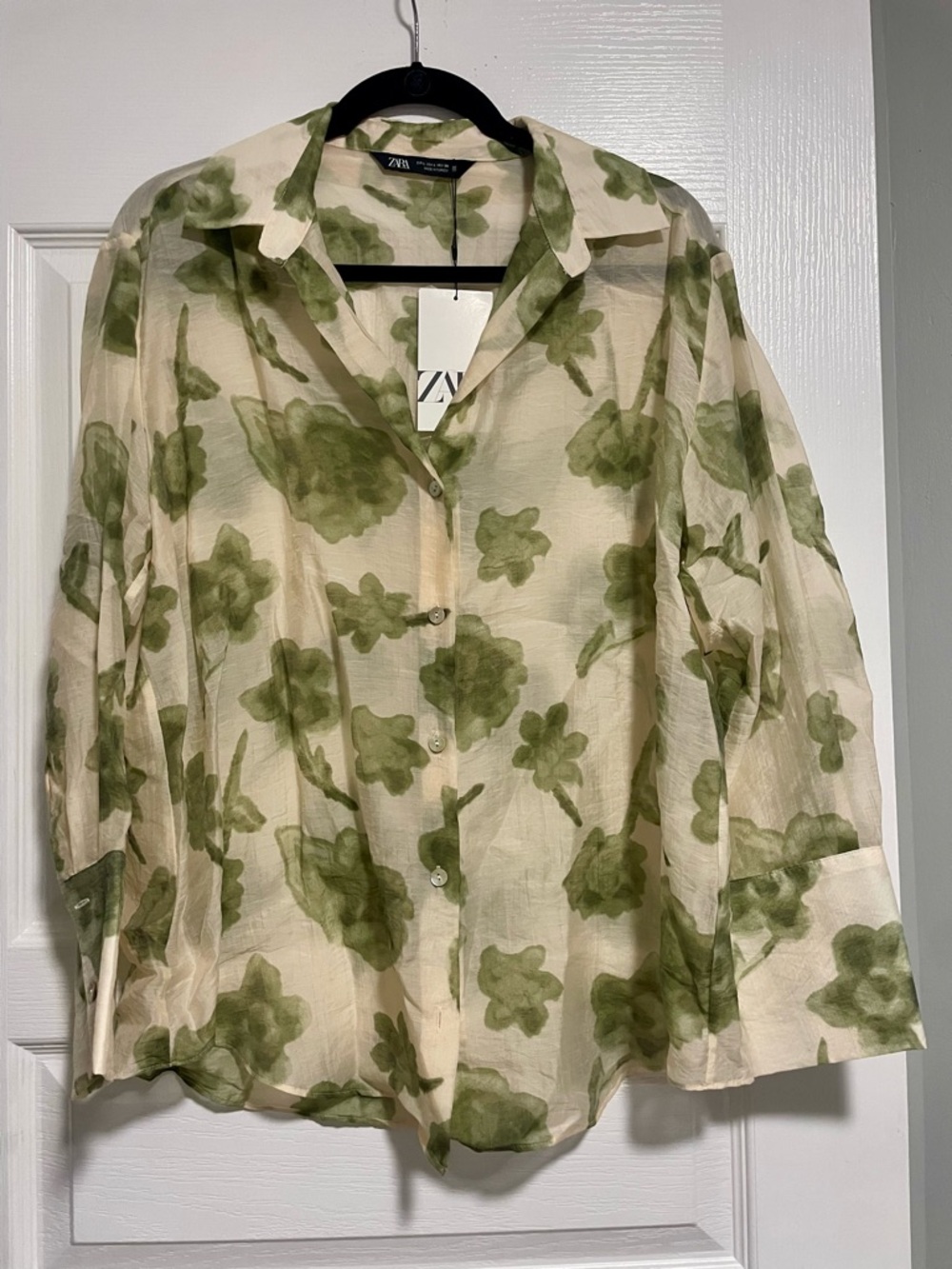 NWT Zara Sheer Cream Button-Down with Olive Floral Print